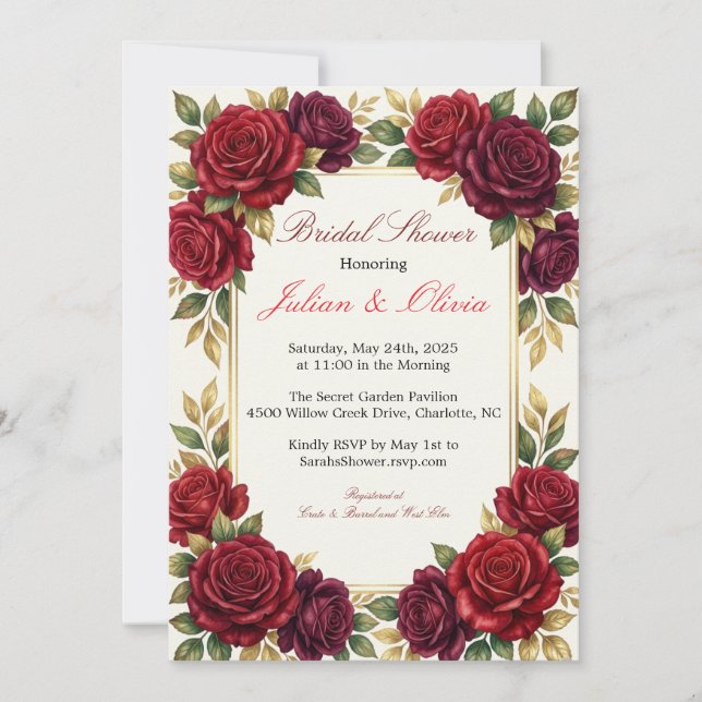 Invitación de Lujo de Regadera Nupcial de Rosa Roj (Anverso)