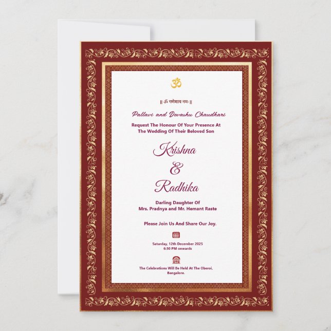 invitación de lujo étnica hindú para boda india (Anverso)