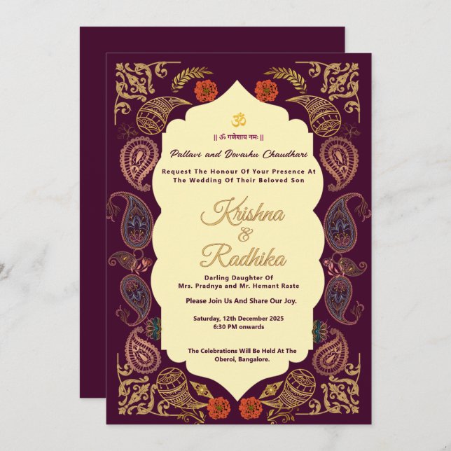 Invitación de lujo étnica para boda hindú india (Anverso / Reverso)