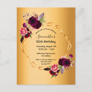 Invitación de lujo floral dorada para fiesta de cu