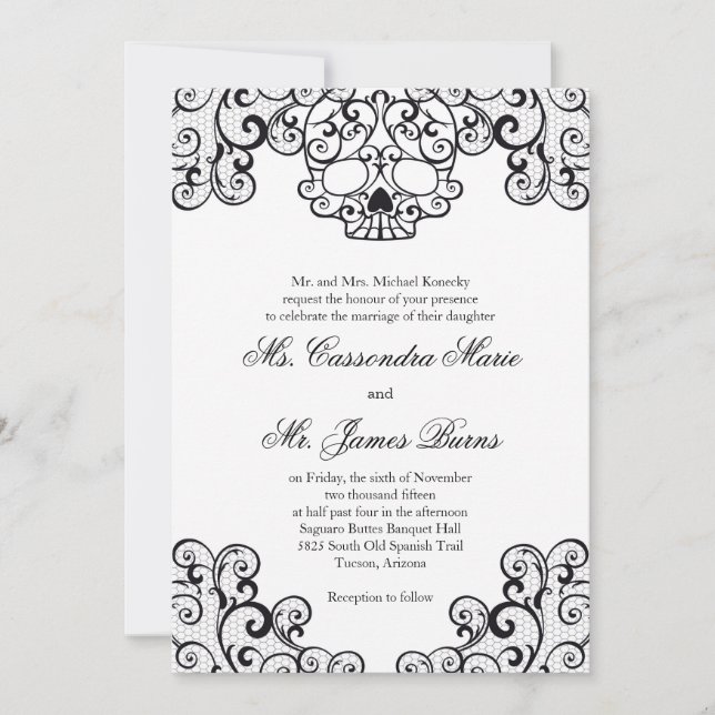 Invitación de lujo negra de la boda del cráneo del (Anverso)