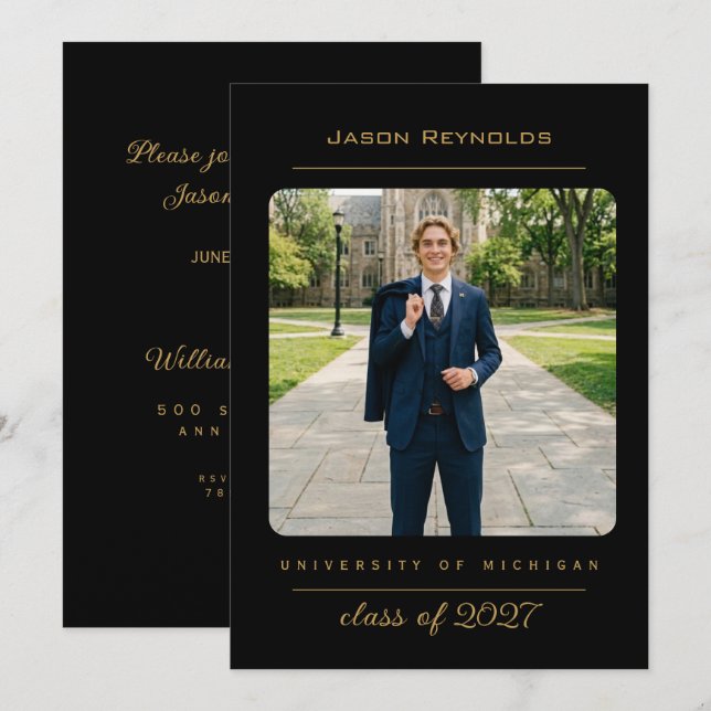 Invitación de lujo universitaria negra (Anverso / Reverso)
