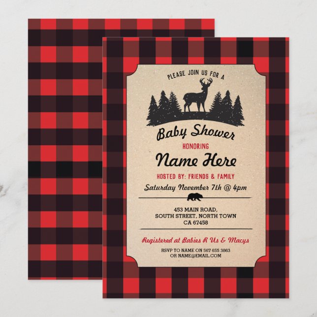 Invitación de Lumberjack Red Baby Shower Woodland (Anverso / Reverso)