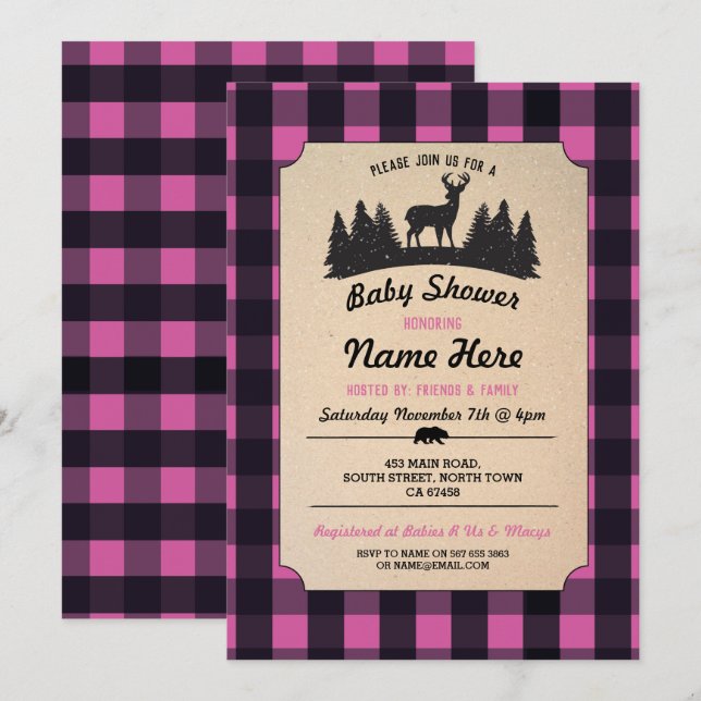 Invitación de Lumberjack Rosa Baby Shower Woodland (Anverso / Reverso)