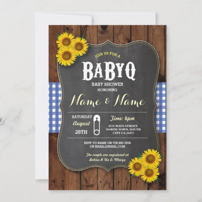 Invitación de madera azul de Baby Shower BaByQ Cha (Anverso)