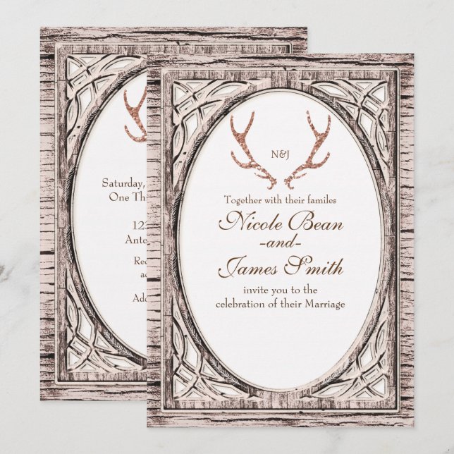 Invitación de madera blanca con cuernos rústicos y (Anverso / Reverso)