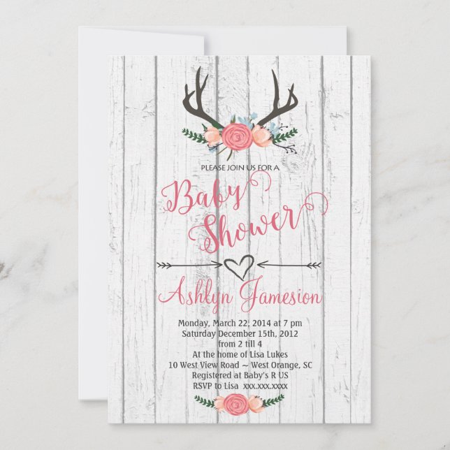 Invitación de madera blanca de Baby Shower de la (Anverso)