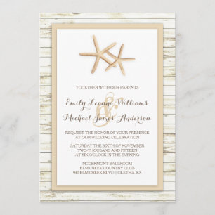 Invitación de madera blanqueada estrellas de mar