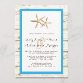 Invitación de madera blanqueada estrellas de mar