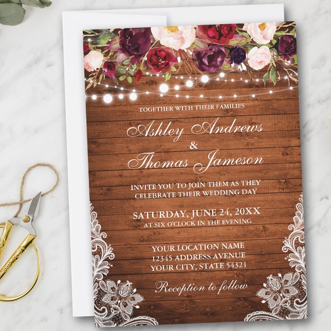 Invitación de madera con encaje floral rústico par (Customize to add more text or photos to back of card.)
