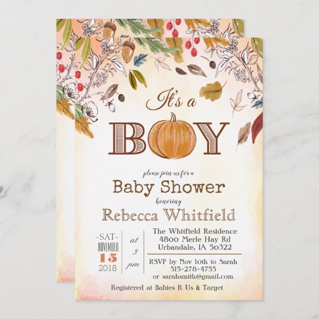 Invitación de madera de Baby Shower de las hojas (Anverso / Reverso)