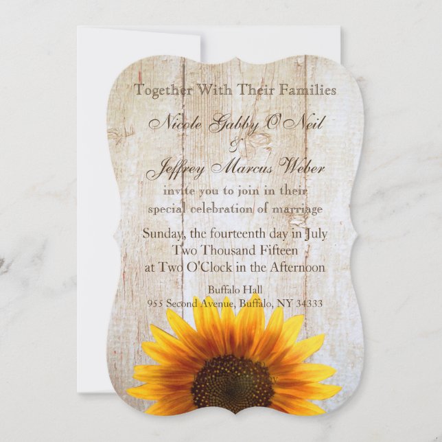 Invitación de madera de los girasoles de la boda (Anverso)