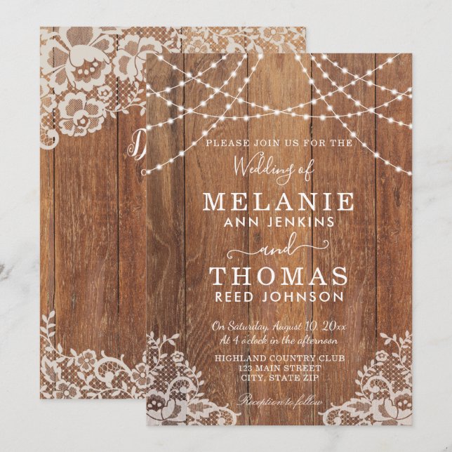 Invitación de madera del país y de la boda del (Anverso / Reverso)