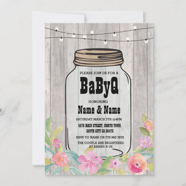 Invitación de madera floral rosa BaByQ Baby Shower (Anverso)