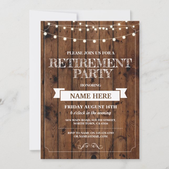Invitación de madera jubilada rústica del fiesta (Anverso)