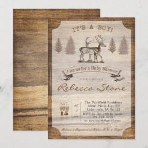 Invitación de madera para baby shower de ciervo