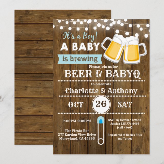 Invitación de madera para baby shower de parejas c (Anverso / Reverso)