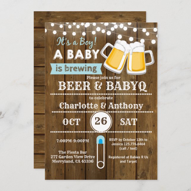 Invitación de madera para baby shower de parejas d (Anverso / Reverso)
