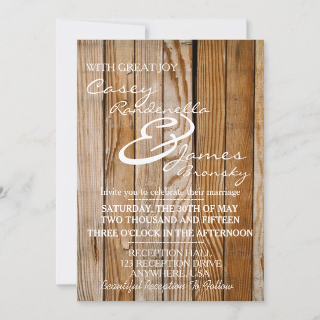 Invitación de madera rústica de la boda (Anverso)