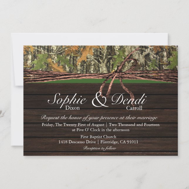 Invitación de madera rústica de la boda de Camo (Anverso)