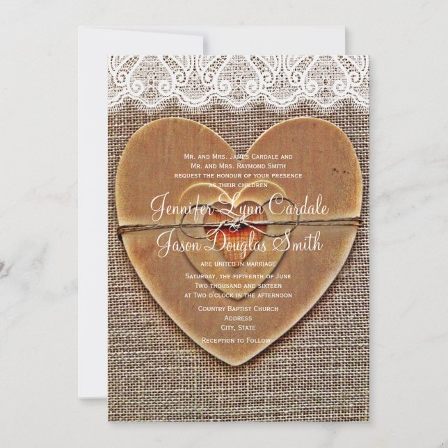 Invitación de madera rústica de la boda del cordón (Anverso)