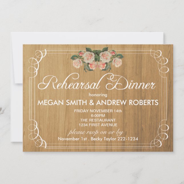 Invitación de madera rústica de la cena del ensayo (Anverso)