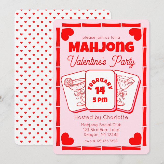 Invitación de Mahjong a la fiesta rosa del Día de  (Anverso / Reverso)