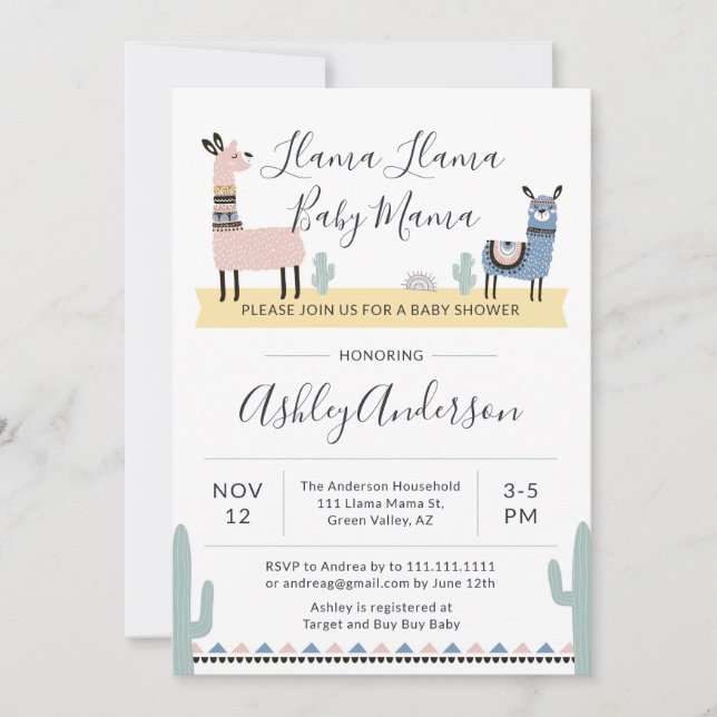 Invitación de mamá Alpaca Baby Shower de la llama (Anverso)