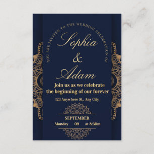 Invitación de Mandala Azul Marino y Dorado