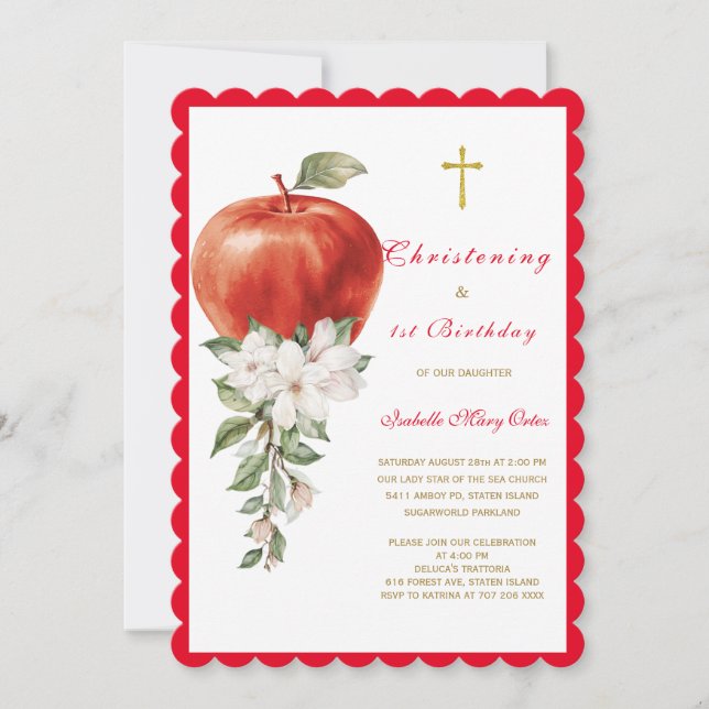 Invitación de manzana para bautizo y primer cumple (Anverso)
