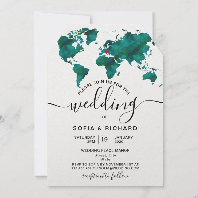 Invitación de Mapa Mundial de Destino de Boda con  (Anverso)