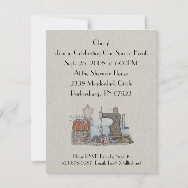 Invitación de máquina de coser con energía manual (Reverso)