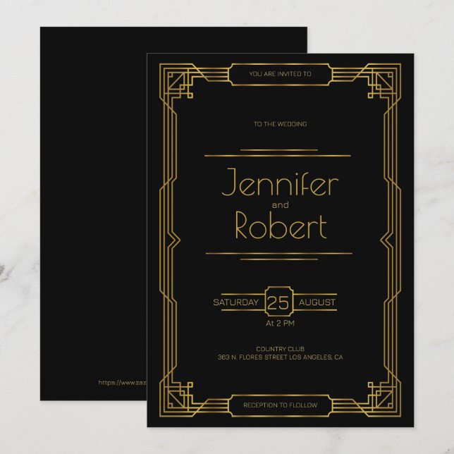 Invitación de marco boda de estilo Art Deco Gold (Anverso / Reverso)