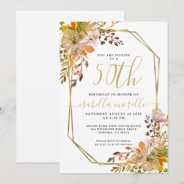 Invitación de marco dorado con 50 cumpleaños (Anverso / Reverso)