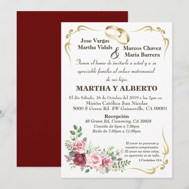 Invitación de marco dorado moderno floral de Borgo (Anverso / Reverso)