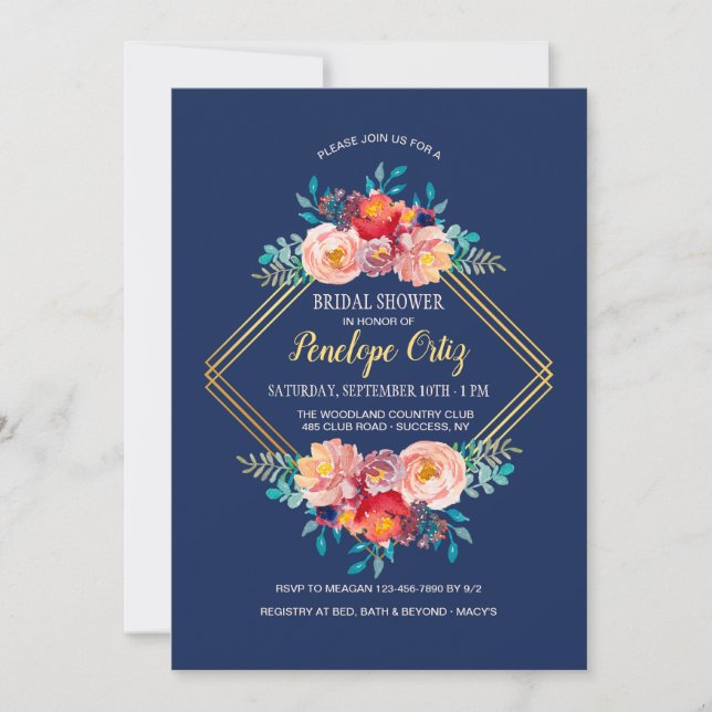 Invitación de marco floral dorado (Anverso)