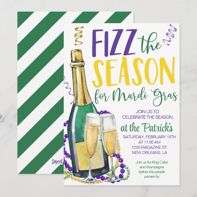 Invitación de Mardi Gras Champagne (Anverso / Reverso)