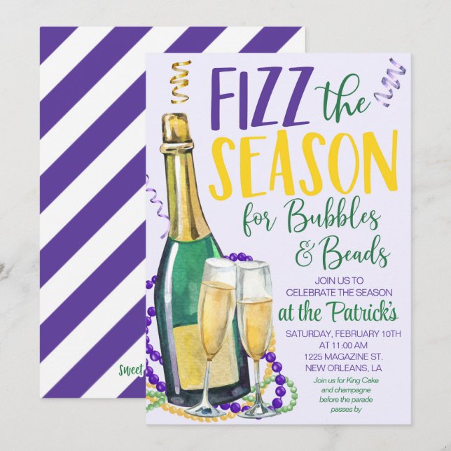 Invitación de Mardi Gras Champagne (Anverso / Reverso)