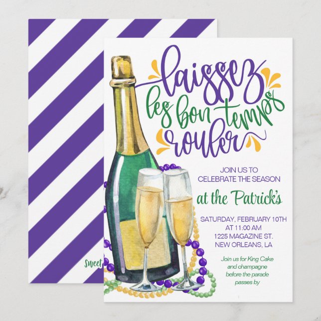 Invitación de Mardi Gras Champagne (Anverso / Reverso)