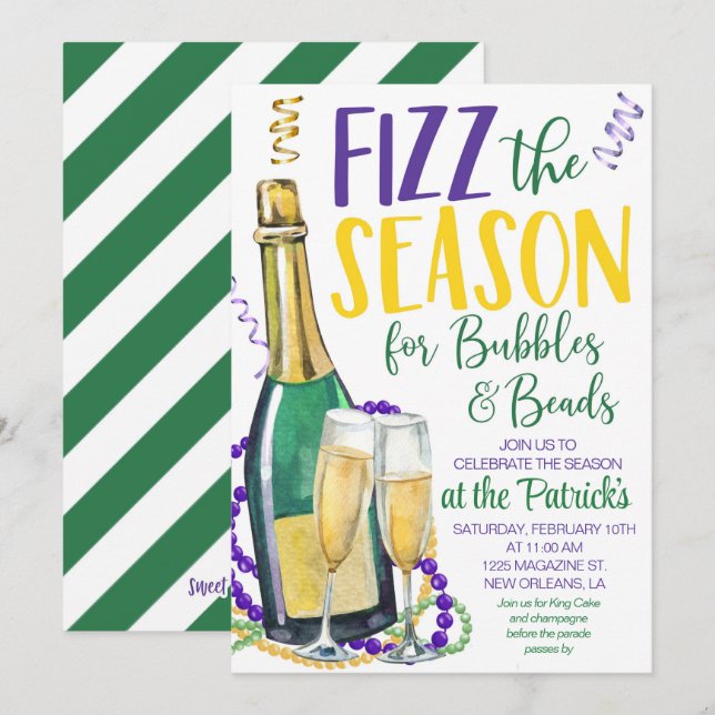 Invitación de Mardi Gras Champagne (Anverso / Reverso)