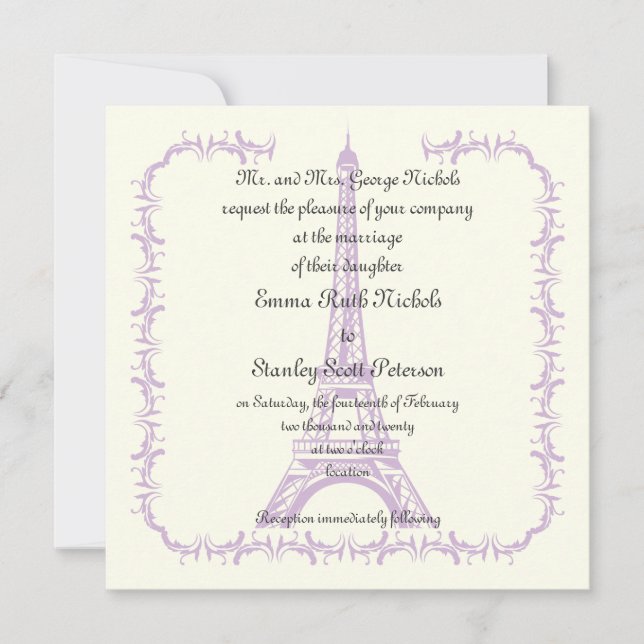 Invitación de marfil a la Torre Eiffel boda de Par (Anverso)