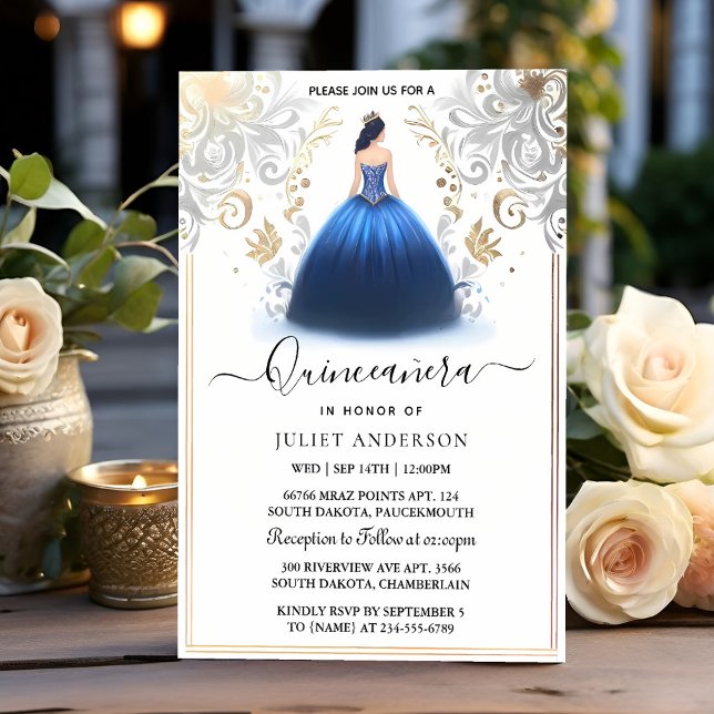Invitación De marfil Ombre Cielo Dorado Real Azul Quinceanera (Subido por el creador)