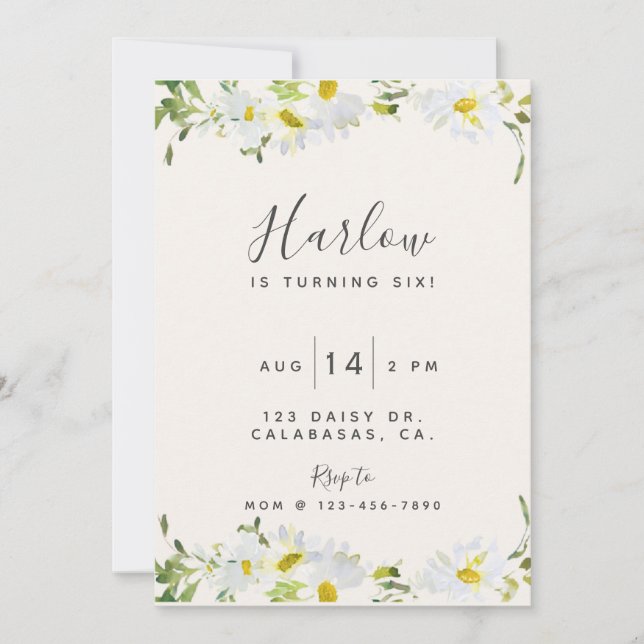 invitación de margarita, cumpleaños de flor silves (Anverso)