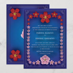invitación de mariage bleu royale avec fleurs