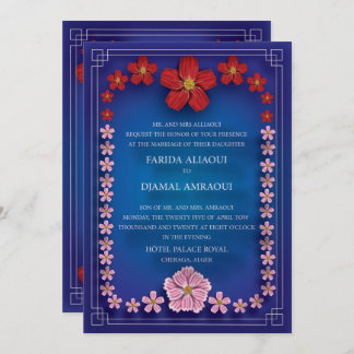 invitación de mariage bleu royale avec fleurs