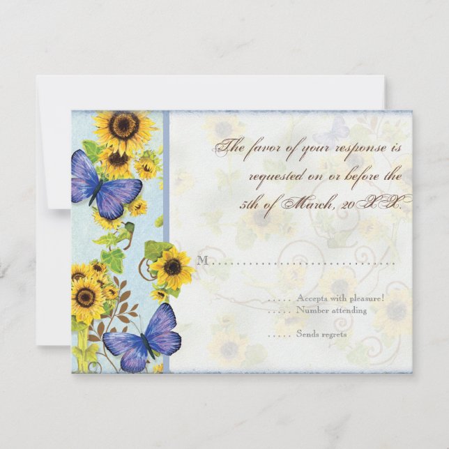 Invitación de mariposa azul girasol giratoria flor (Anverso)