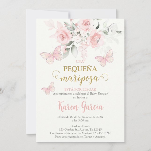 Invitación de Mariposa Baby Shower en español (Anverso)