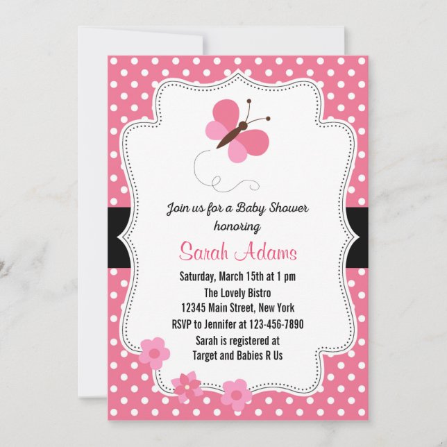 Invitación de mariposa Baby Shower rosada (Anverso)