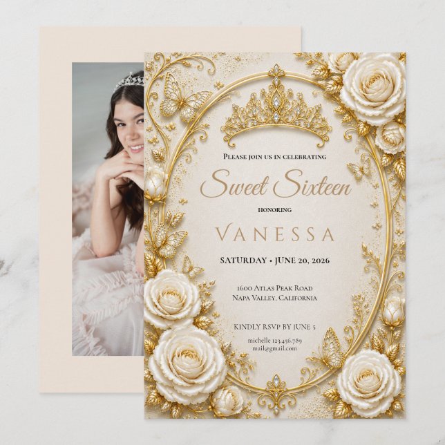 Invitación de mariposas Photo Princess dulces 16 (Anverso / Reverso)