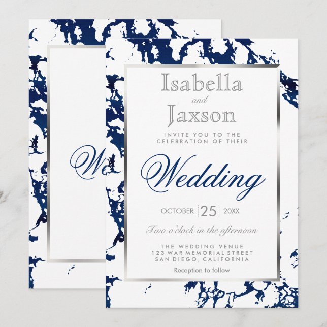 Invitación de Mármol Azul Marinho, Plata y Blanco (Anverso / Reverso)